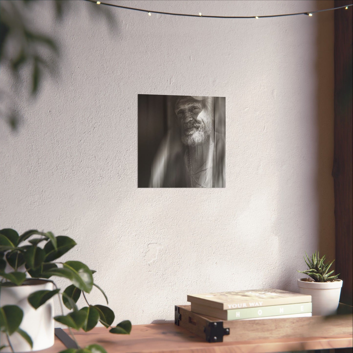 Poster of a bearded man on a wall above a wooden shelf with books and plants.