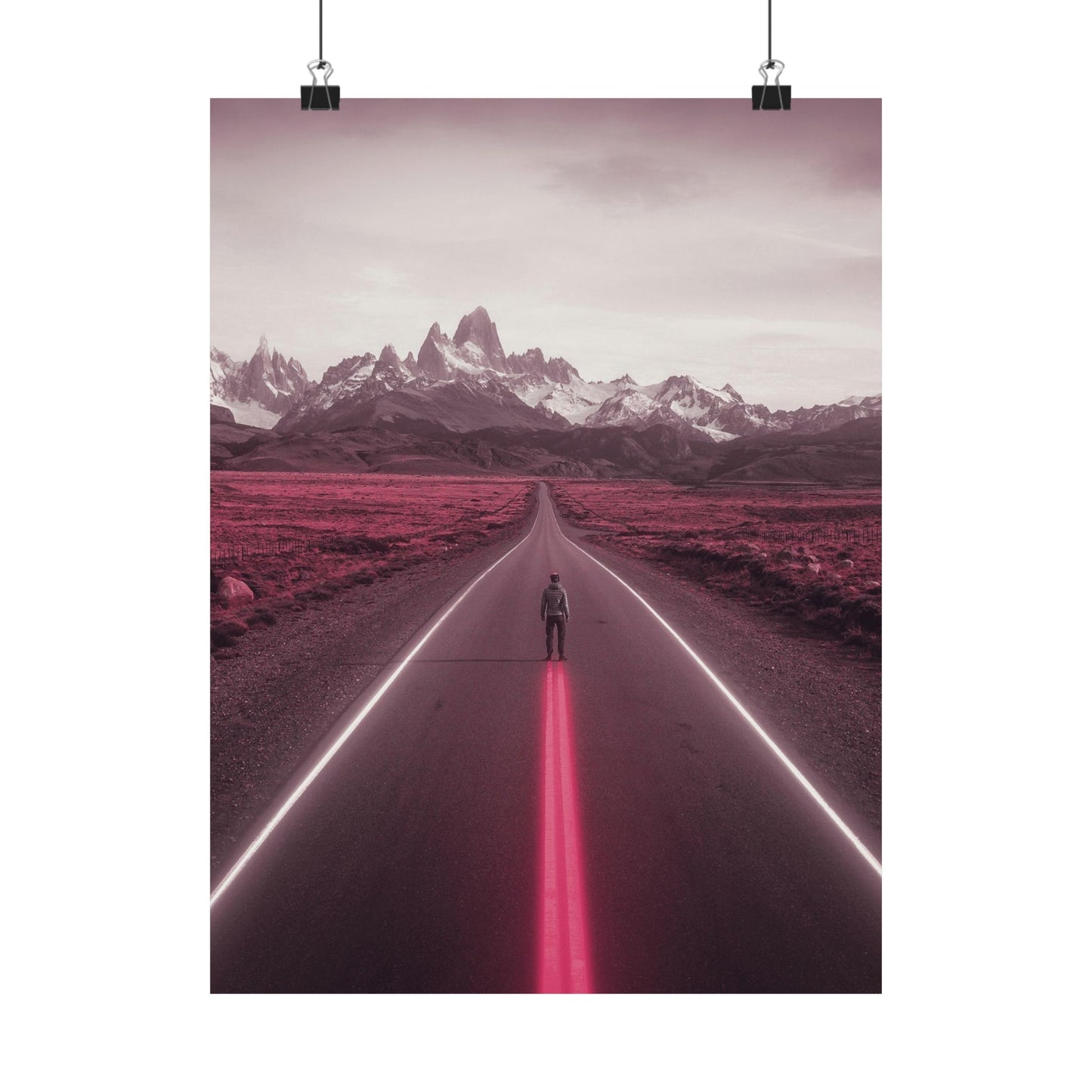 Person standing in the middle of a road with a mountainous landscape in the background, photo manipulated with pink and purple tones.
