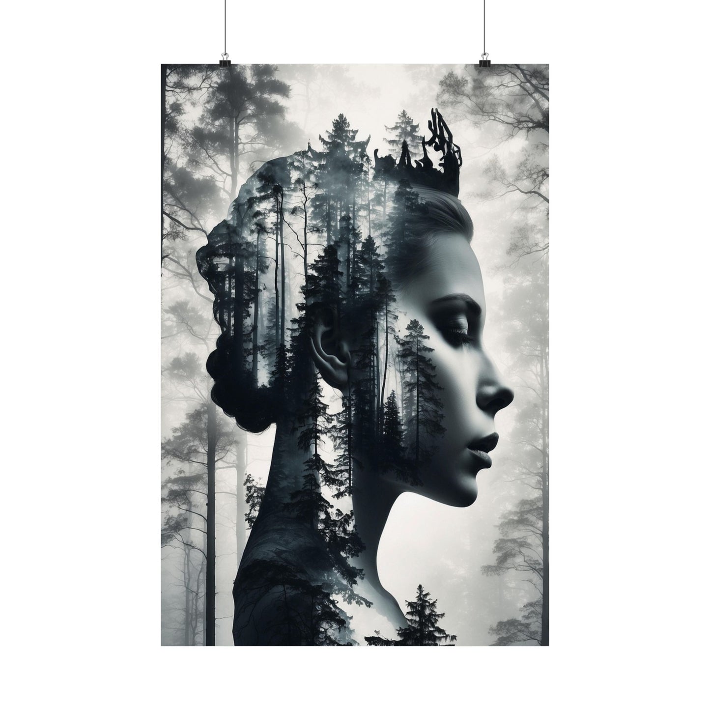 Artistic poster of a woman's profile with forest reflection