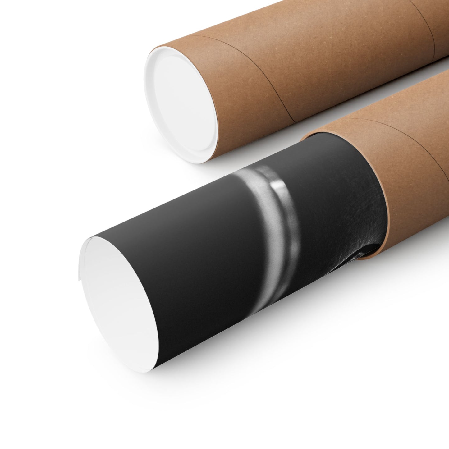Two cylindrical objects, one black and one brown with white ends, on a white background.