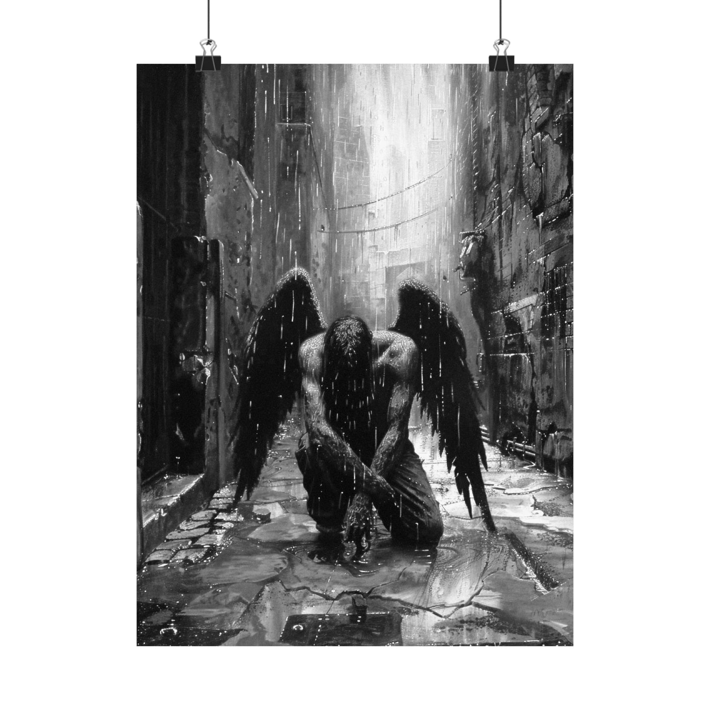 Art print of a winged figure in a dark, rain-soaked alleyway.
