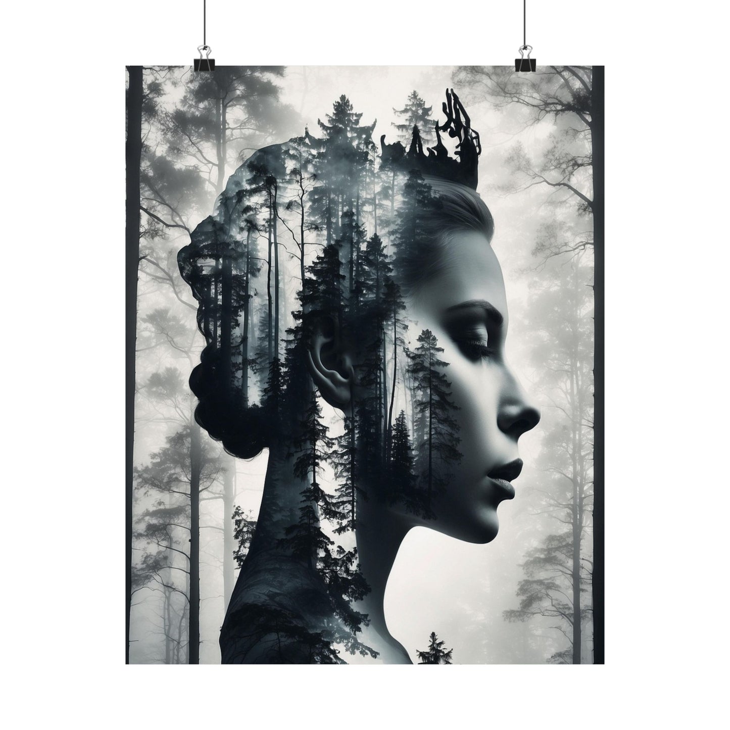Artistic poster of a woman's profile with a forest overlay