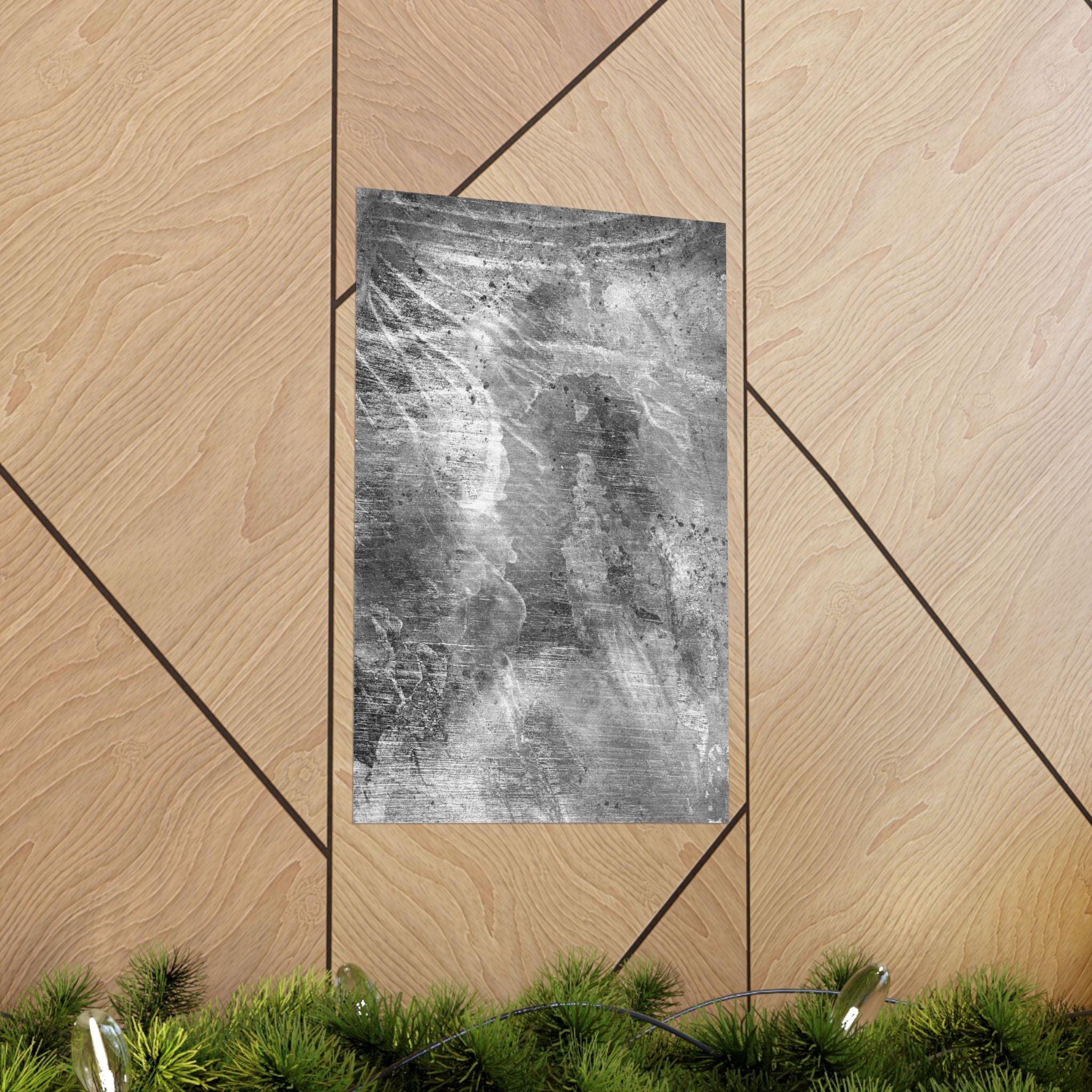 Abstract black and white painting on a wooden panel with geometric design