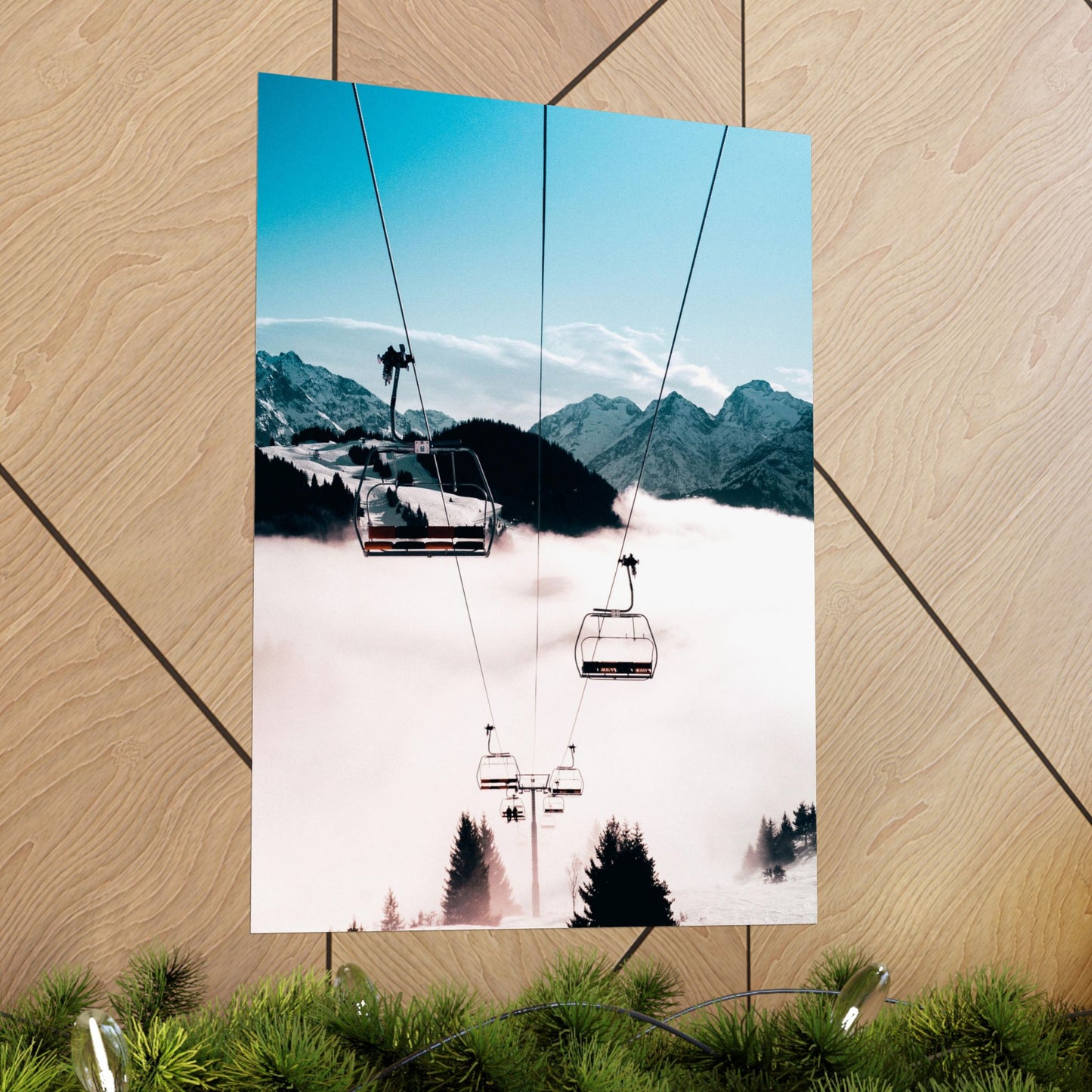 Ski lift with mountain view on a wooden surface