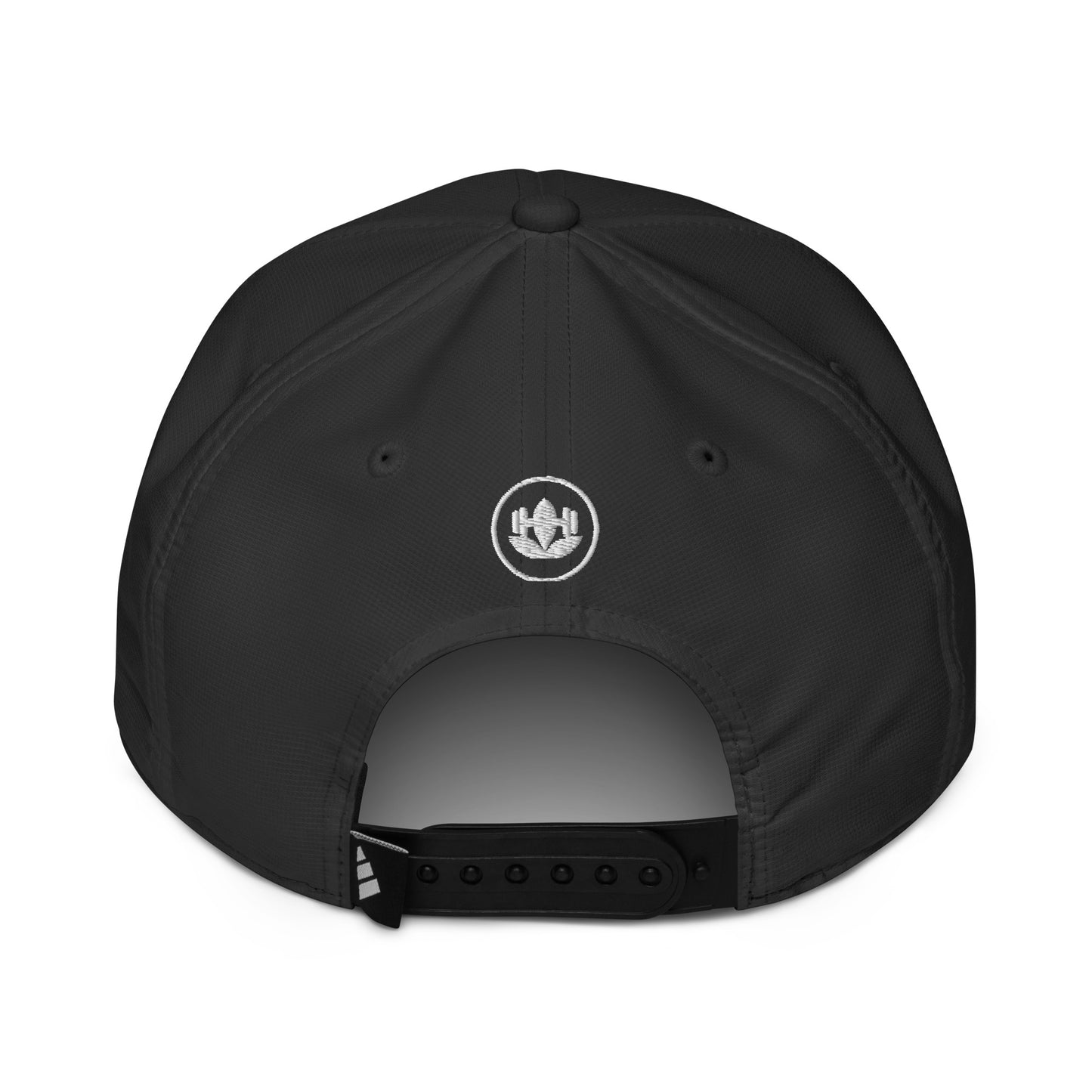 Black cap with a logo on the back against a white background