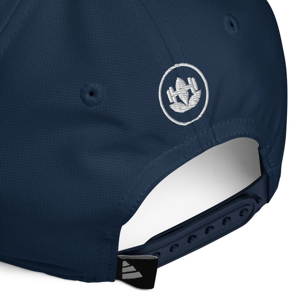 Navy blue cap with a white logo on the back against a white background