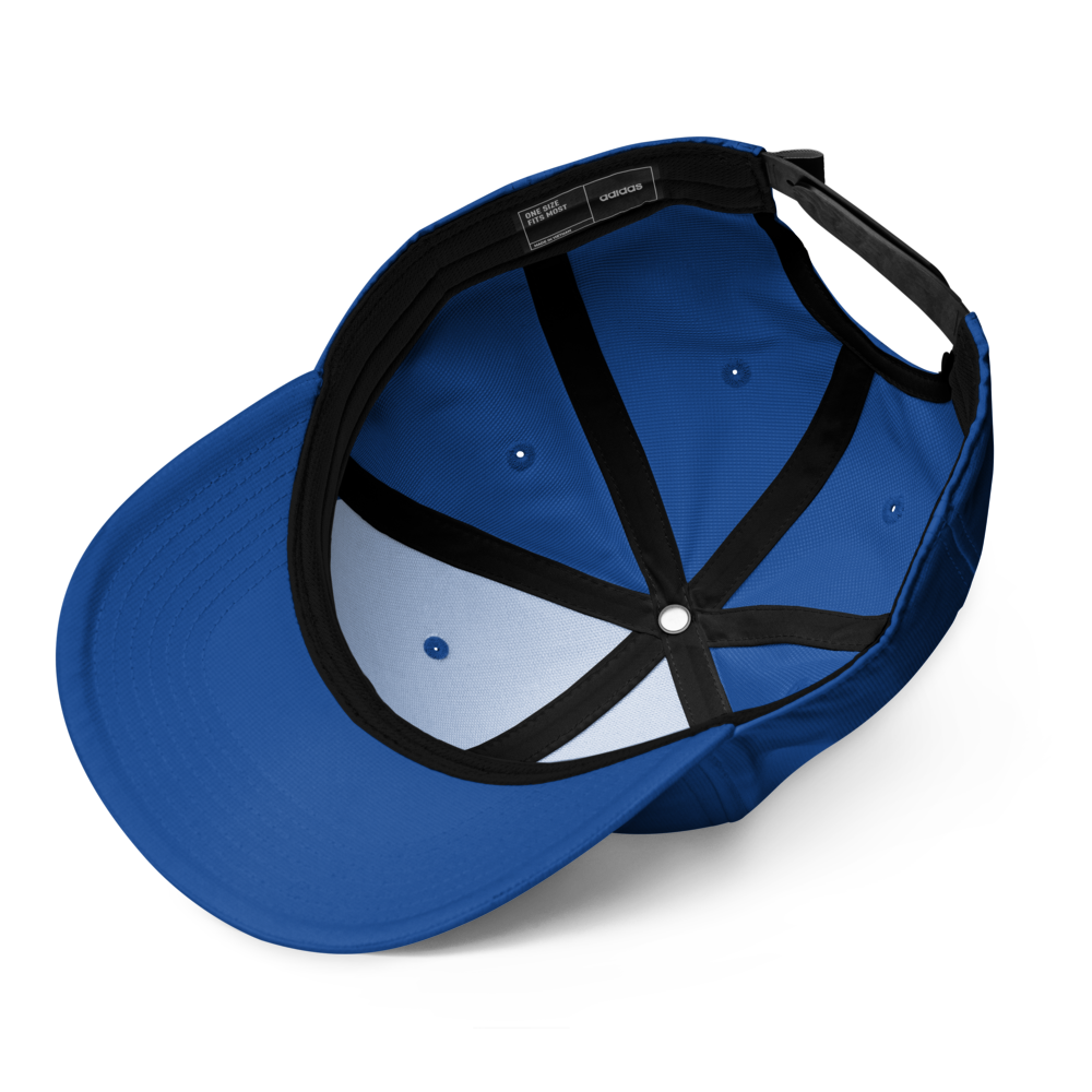 Blue cap with black strap on a white background