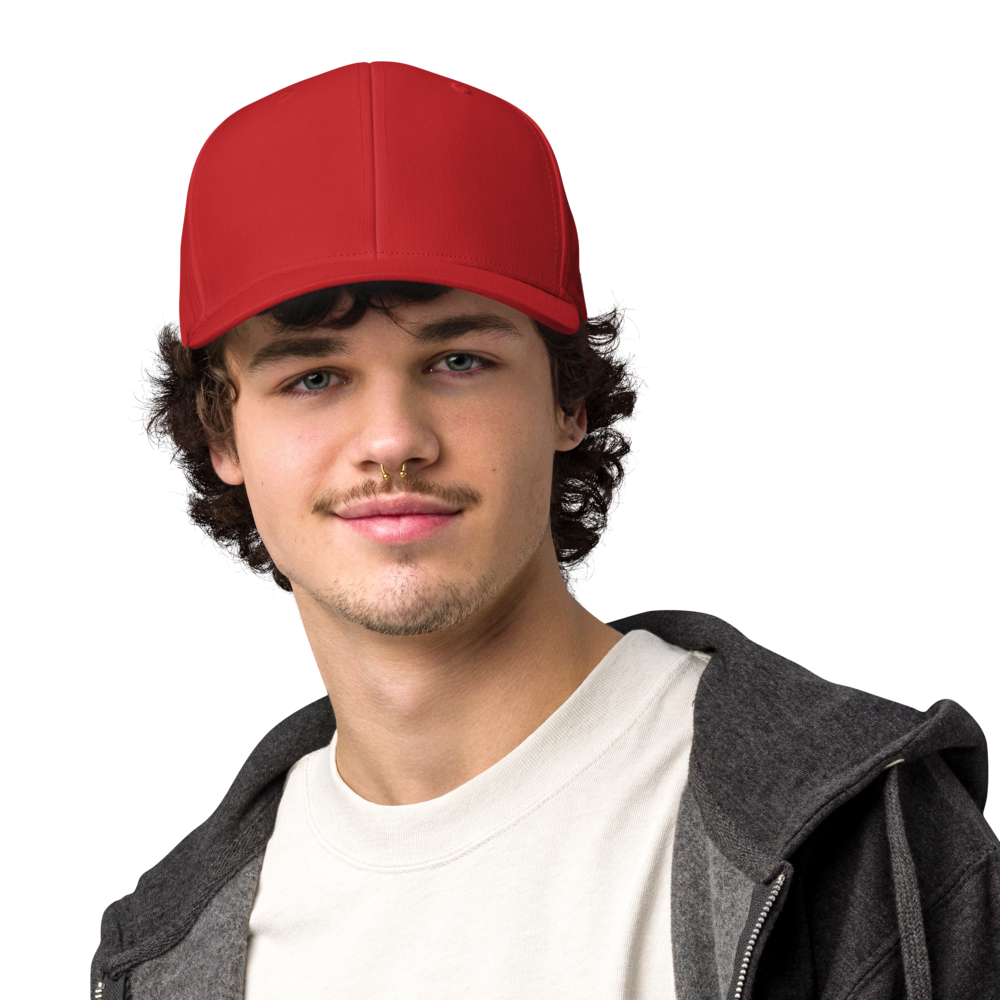 Man wearing a red cap on a white background