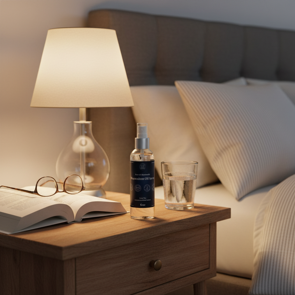 Magnesium Oil Spray on Bedside Table for Better Sleep