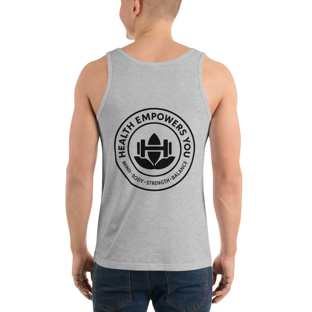 Person wearing a gray tank top with a black logo and text on the back