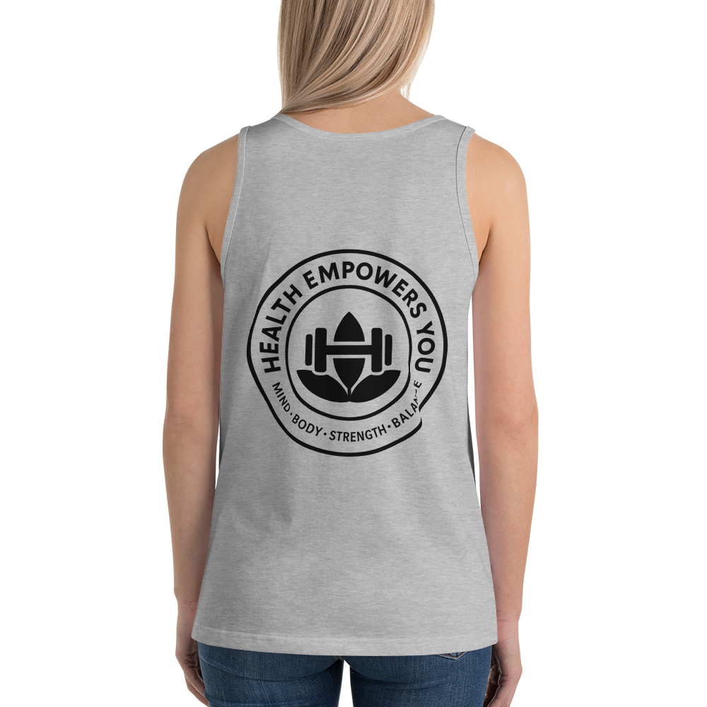 Gray tank top with 'Health Empowers You' logo on a white background