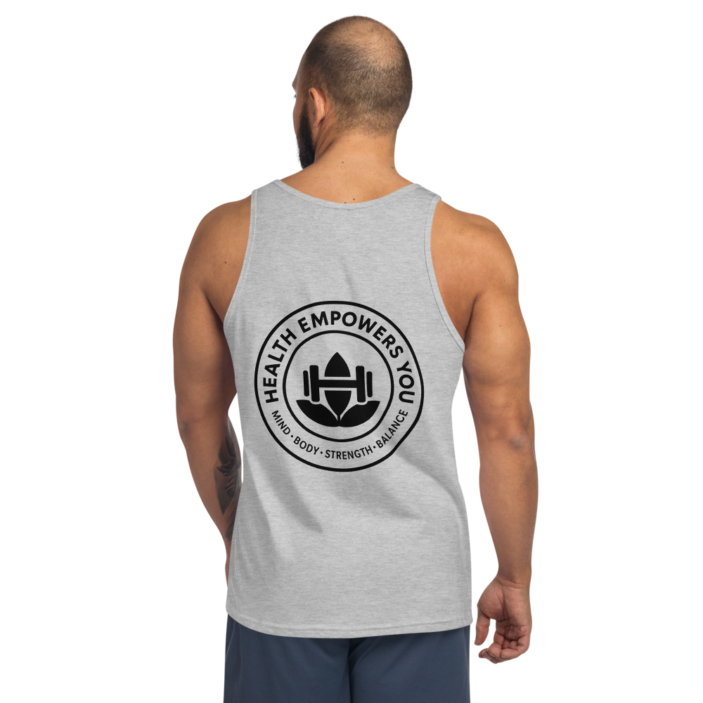 Person wearing a gray tank top with a health-themed design on the back.