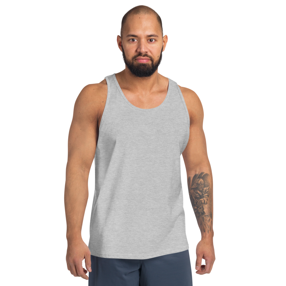 Man wearing a gray tank top on a white background