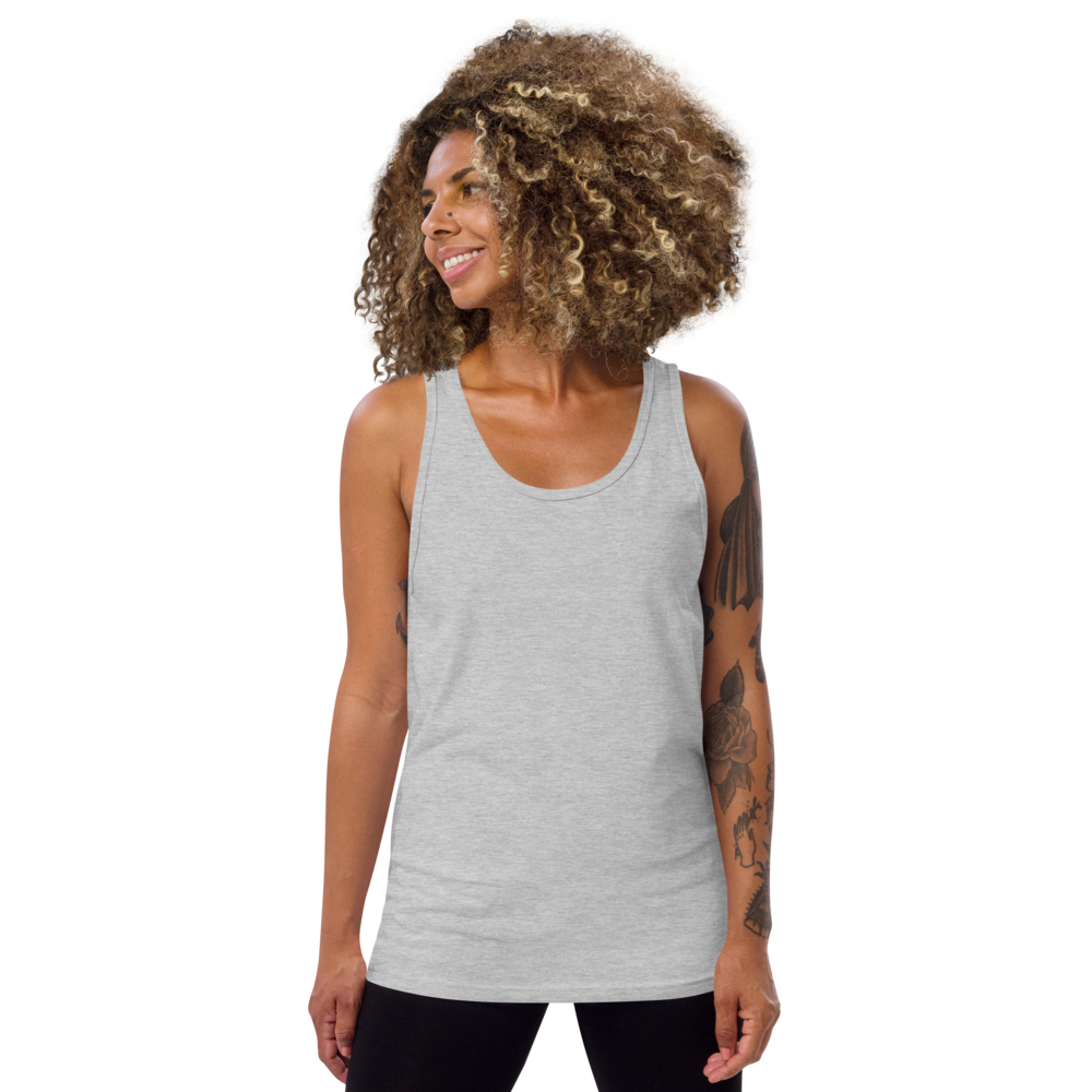 Woman wearing a gray tank top on a white background