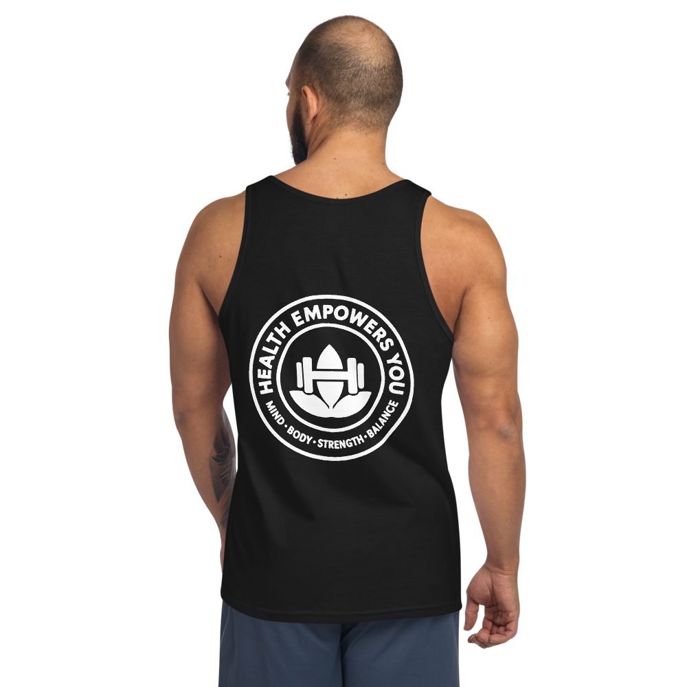 Person wearing a black tank top with a white logo and text on the back, on a white background.