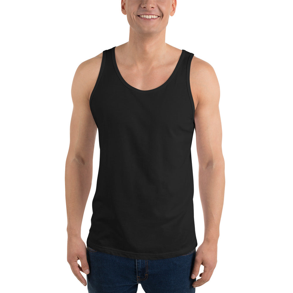 Man wearing a black tank top on a white background