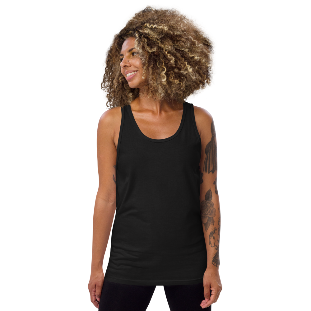 Woman wearing a black tank top on a white background