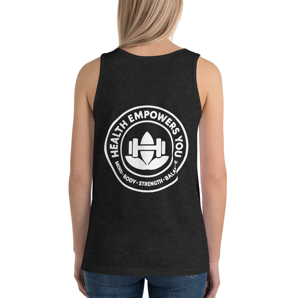 Black tank top with 'Health Empowers You' design on the back, worn by a person.