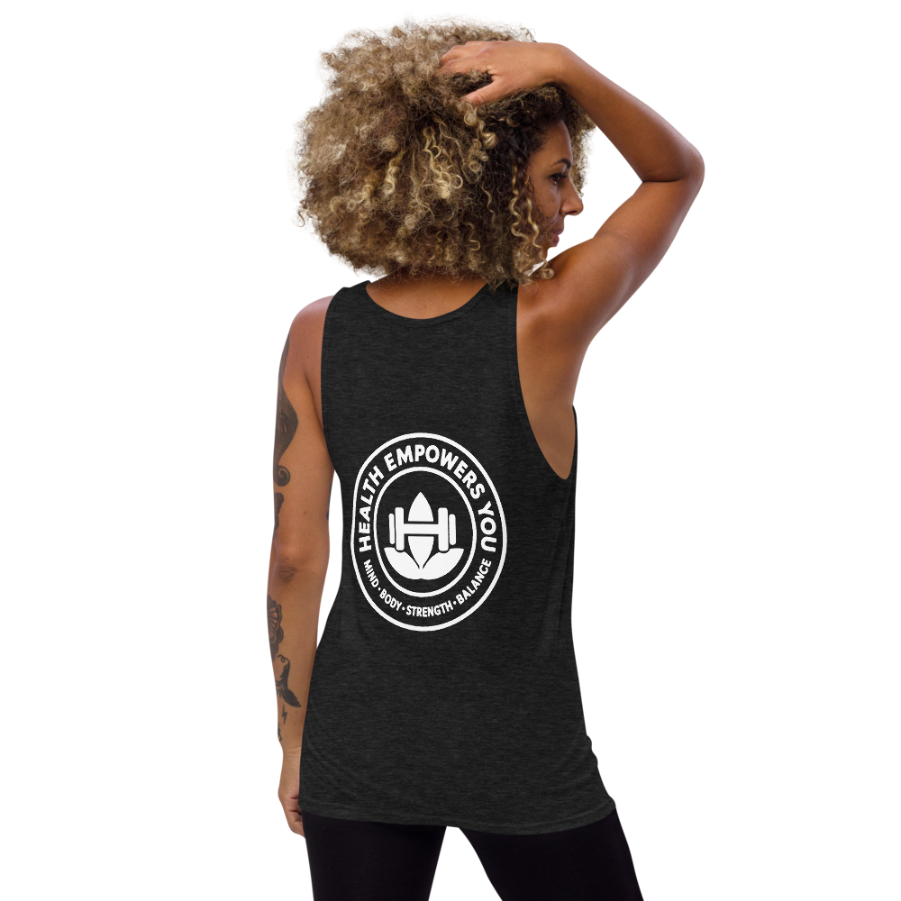 Black tank top with a white logo and text on a white background