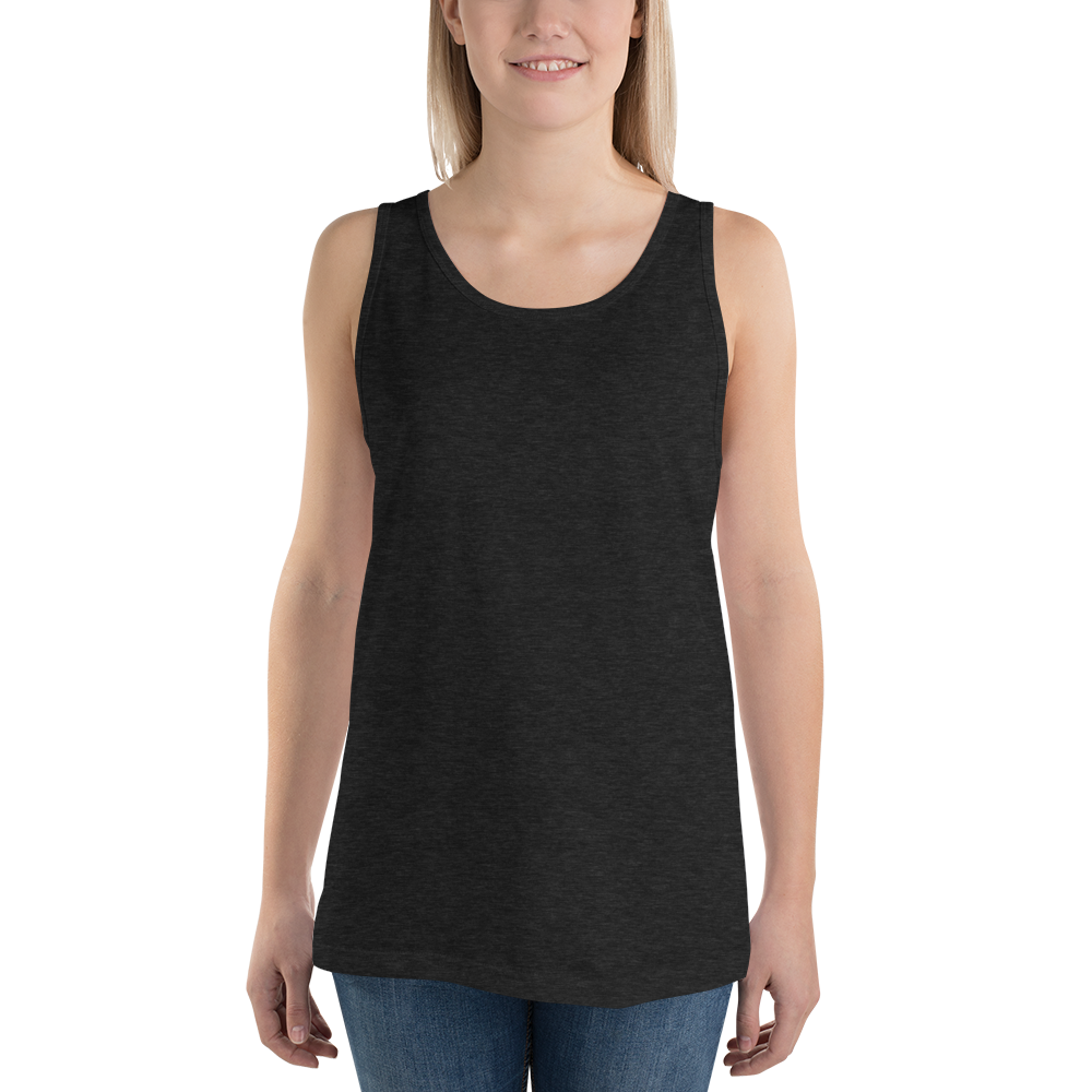 Woman wearing a black tank top on a white background