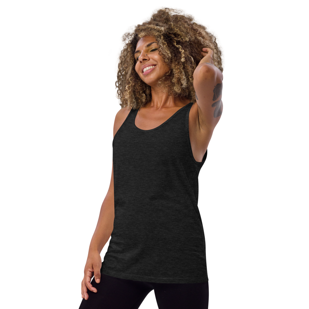 Woman wearing a black tank top on a white background