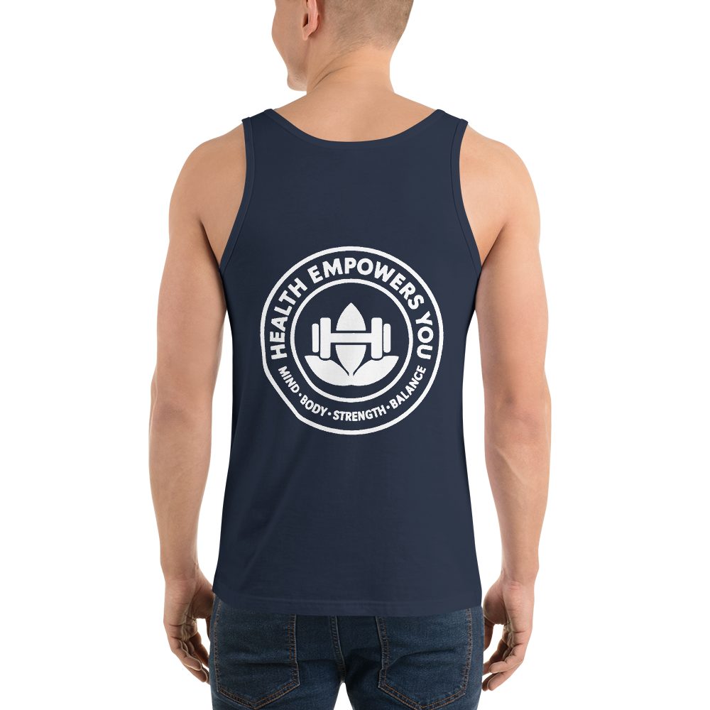Person wearing a navy tank top with a white graphic and text on the back.