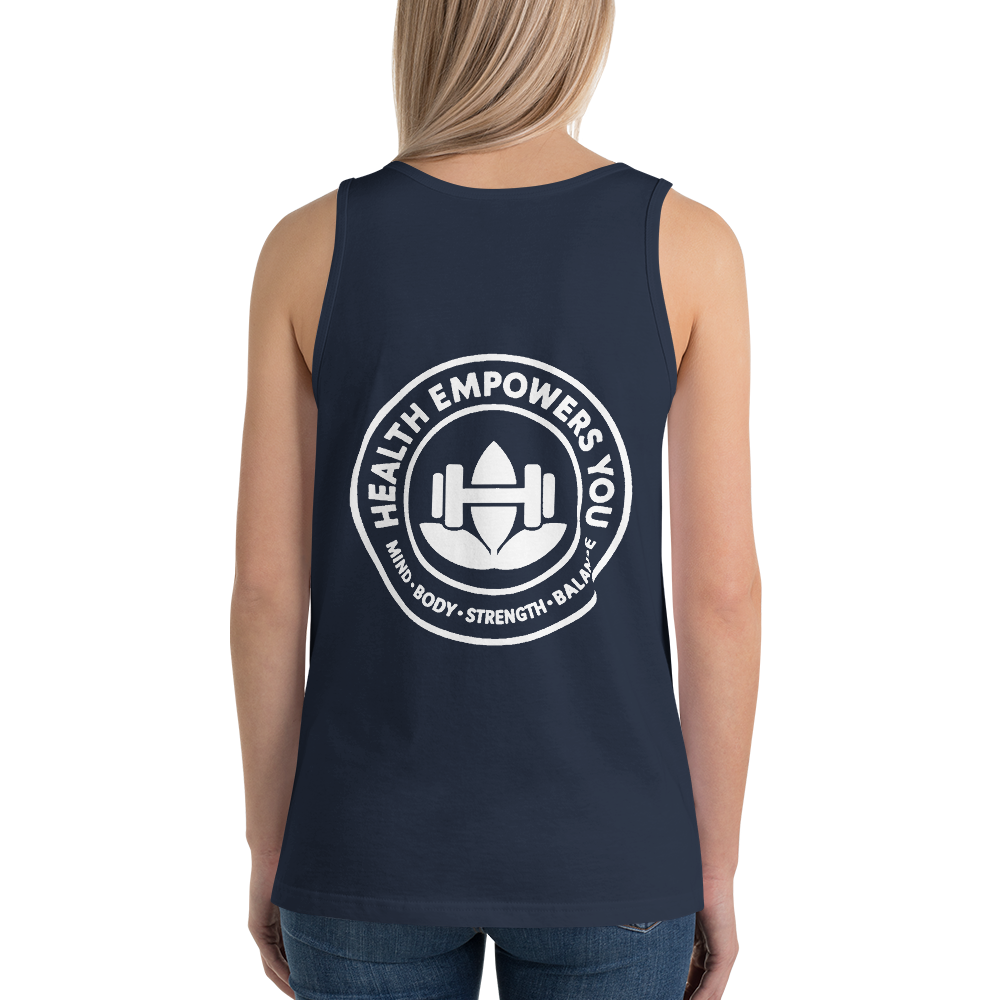 Navy tank top with 'Health Empowers You' graphic on a white background