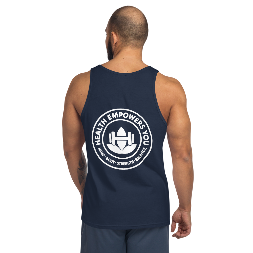 Person wearing a navy tank top with a white logo and text on the back, on a white background.