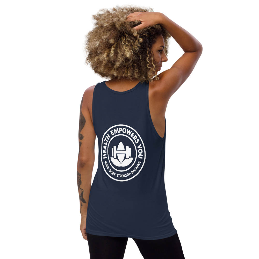 Woman wearing a navy blue tank top with a white logo and text on a white background