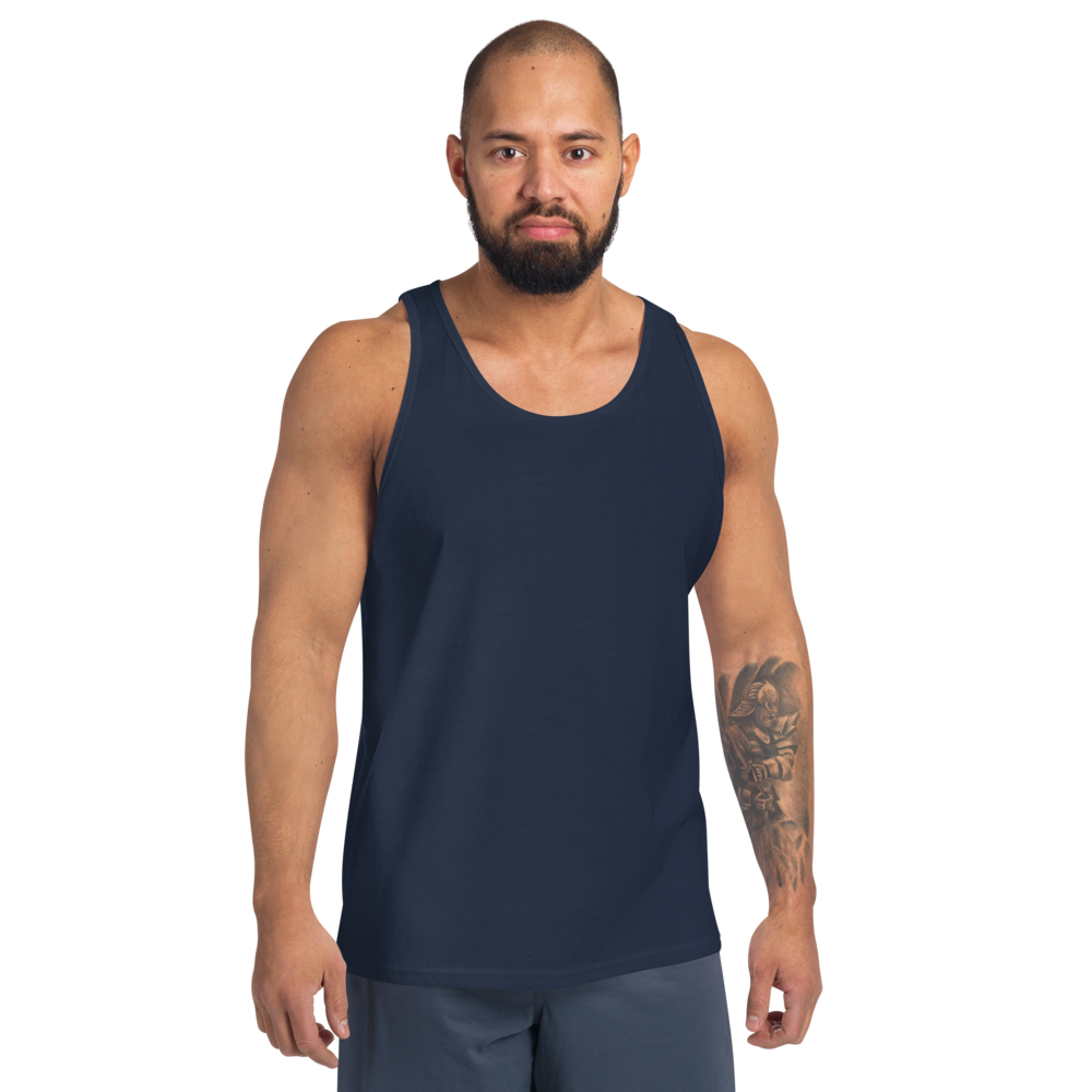 Man wearing a navy tank top on a white background