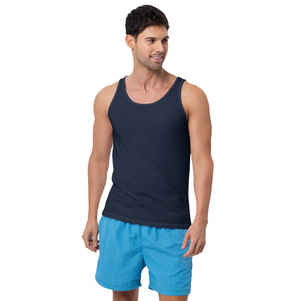 Man wearing a navy tank top and blue shorts on a white background