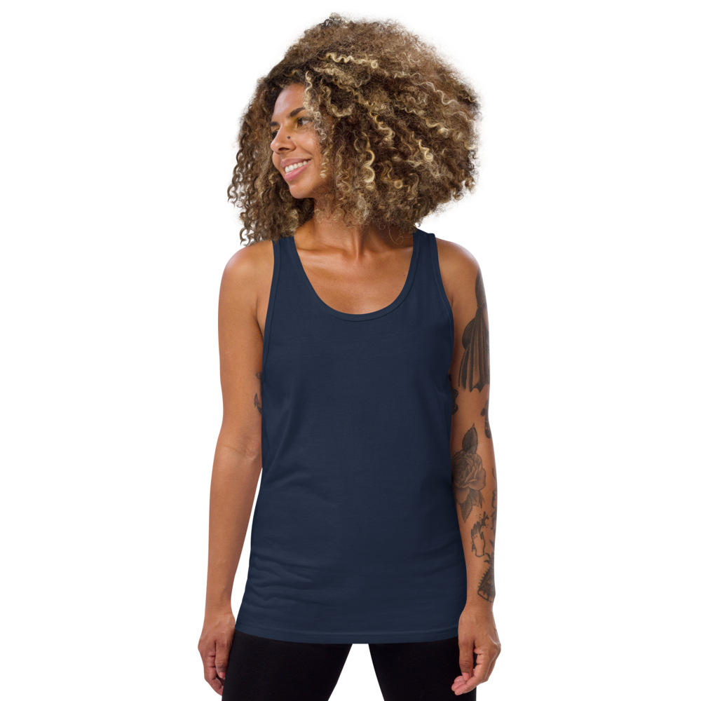 Woman wearing a navy tank top on a white background