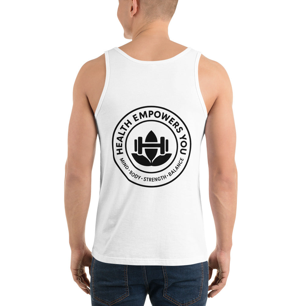 Person wearing a white tank top with a black logo and text on a white background