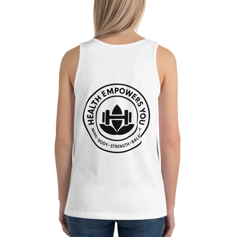 White sleeveless shirt with 'Health Empowers You' logo on the back, worn by a person.