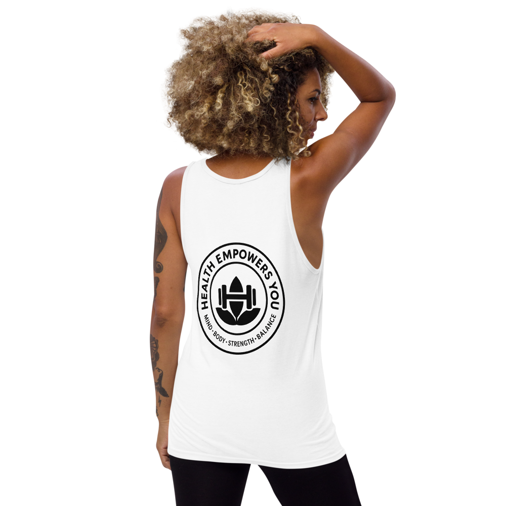 Woman wearing a white tank top with a logo and text on the back, on a white background