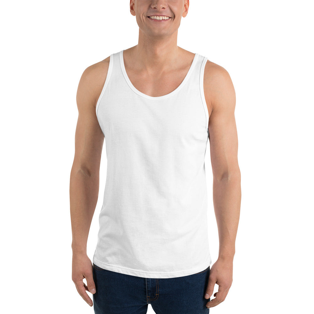 Man wearing a white tank top on a white background
