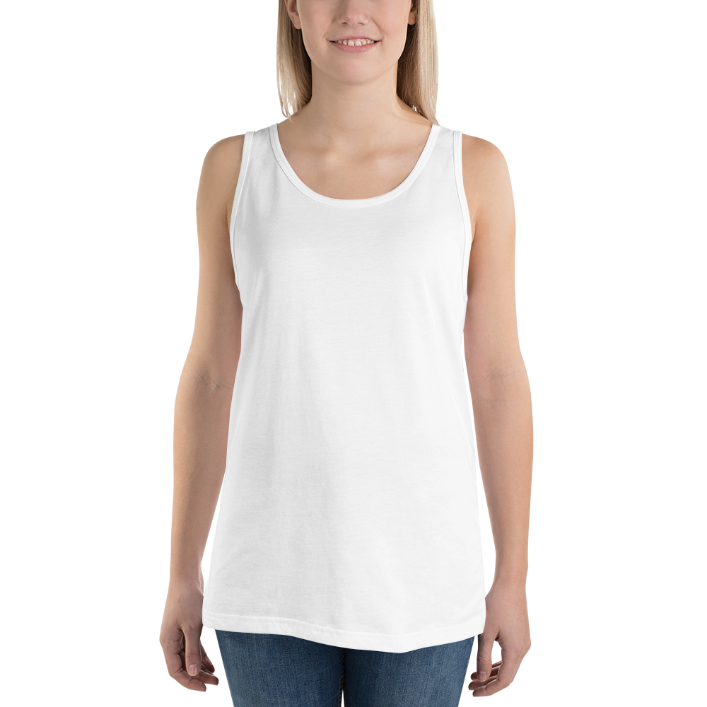 Woman wearing a white tank top on a white background