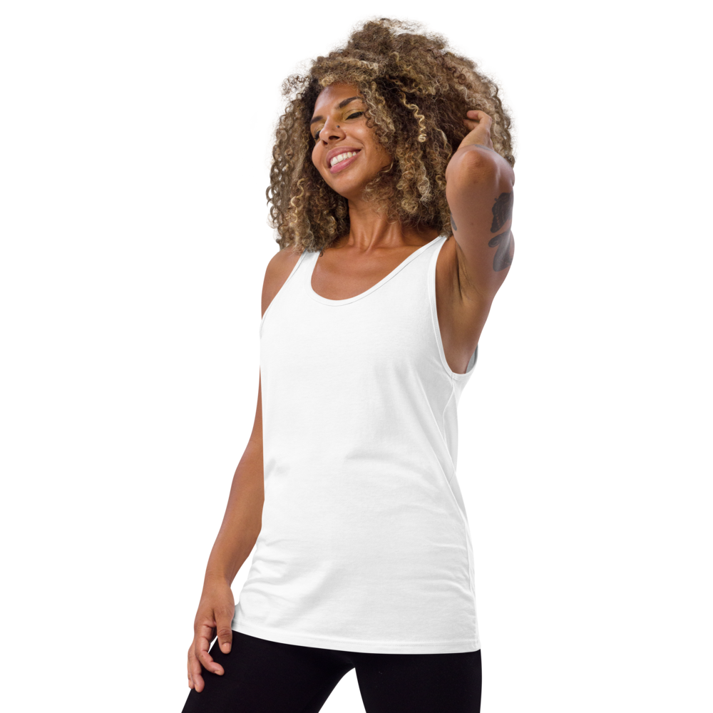 Woman wearing a white tank top on a white background