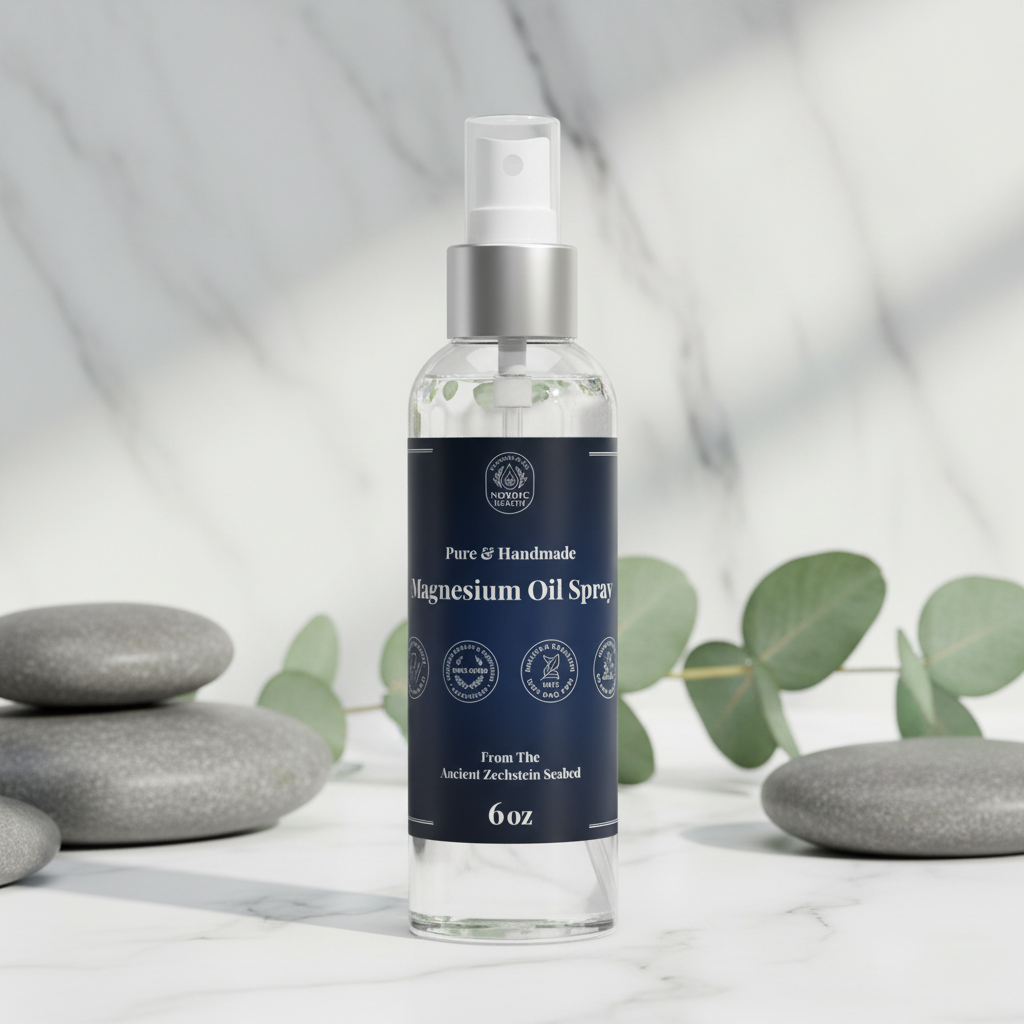Magnesium oil spray bottle with a blue label on a white surface with stones and eucalyptus leaves.