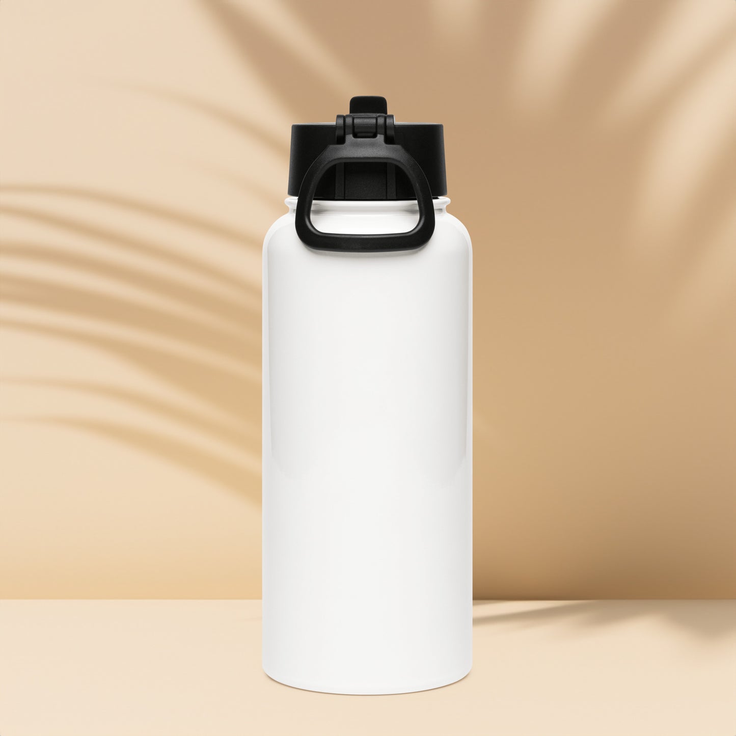 White water bottle with black lid and handle on a beige background
