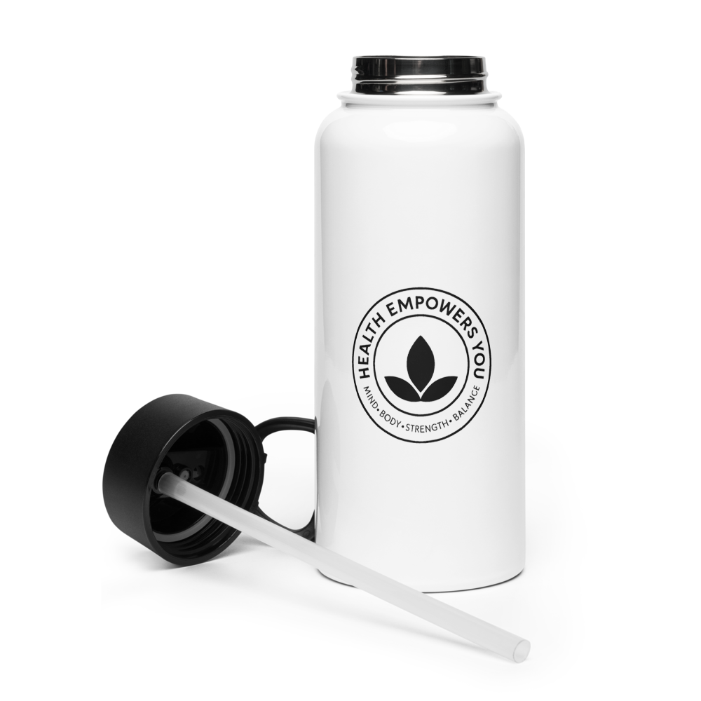 White water bottle with black lid and straw, featuring a health empowerment logo on a white background.