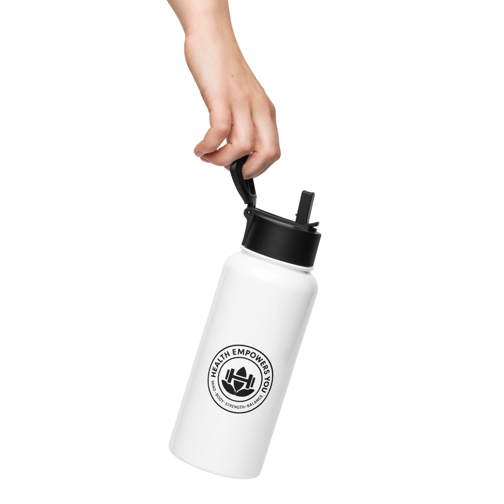 White water bottle with black lid and logo on a white background