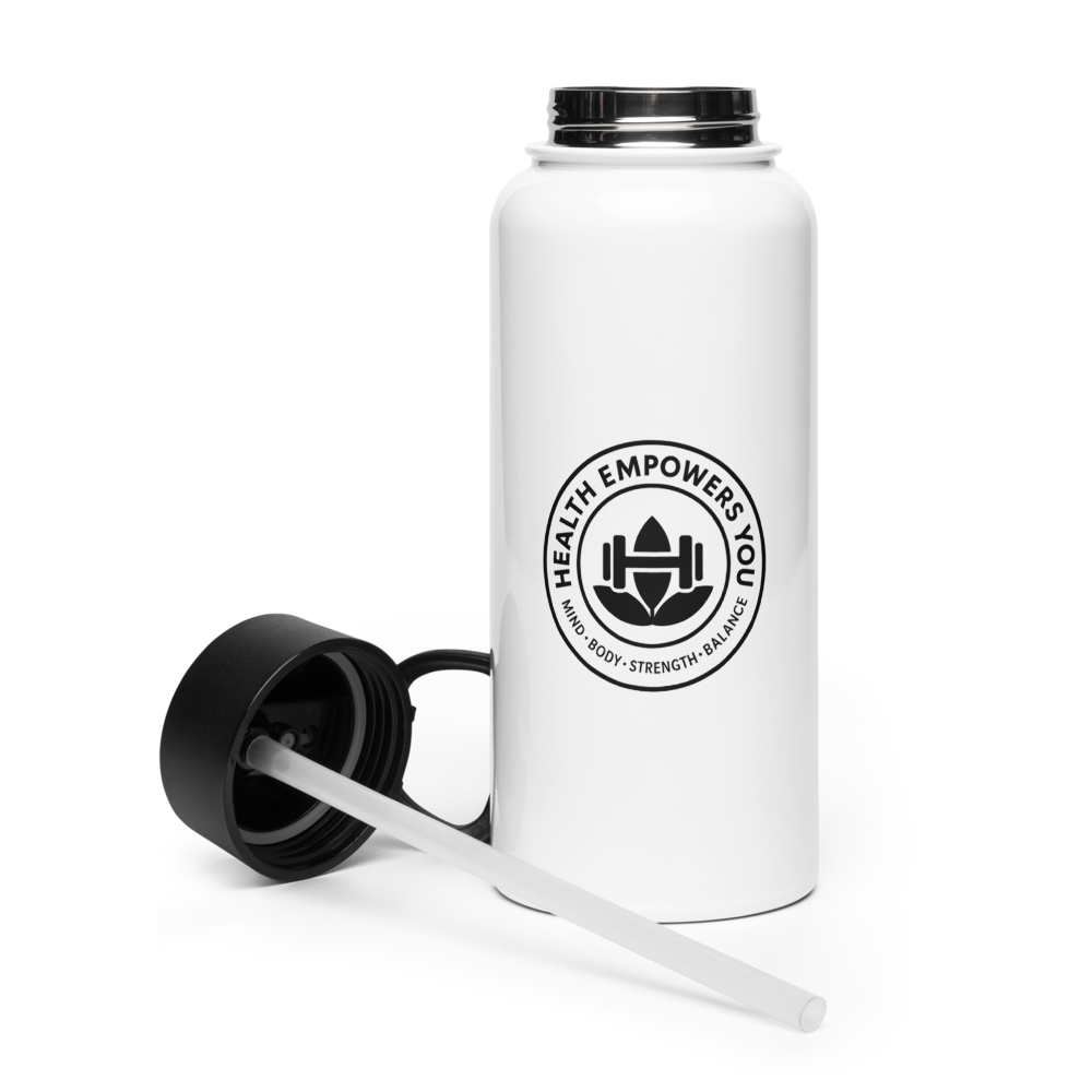 White water bottle with black lid and straw, featuring a logo on a white background