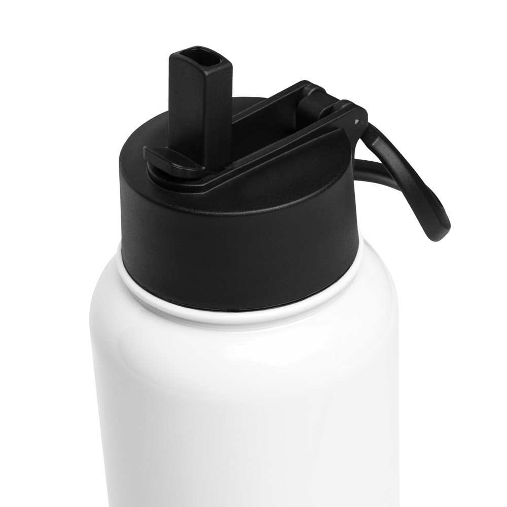 White water bottle with a black lid on a white background
