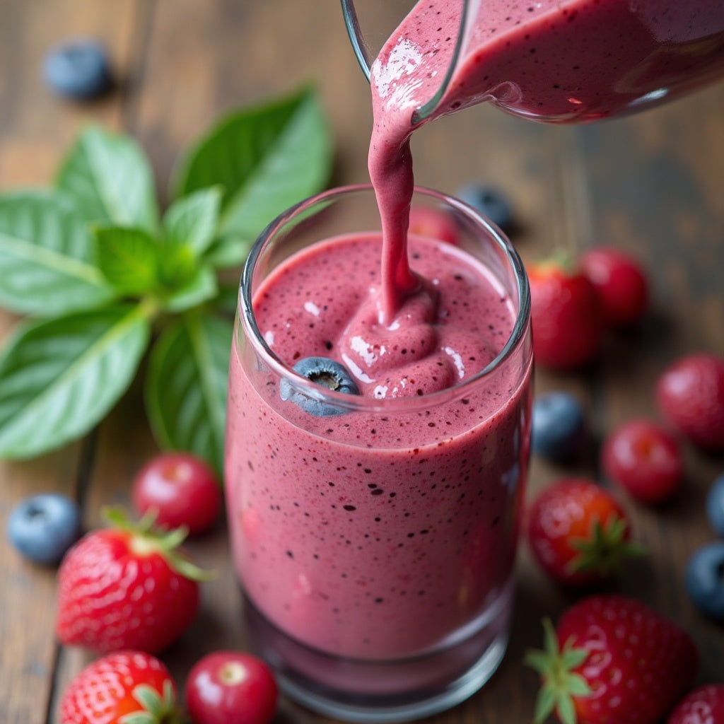 Berry smoothie being poured into a glass with fresh berries on a wooden background