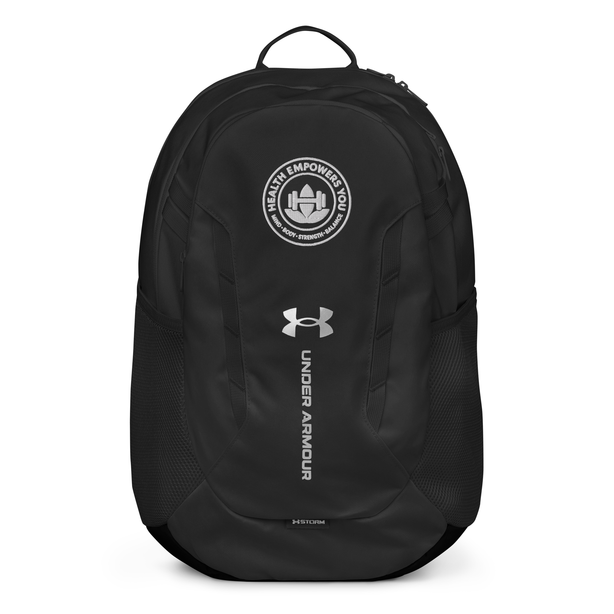 Black Under Armour backpack with a logo on a white background
