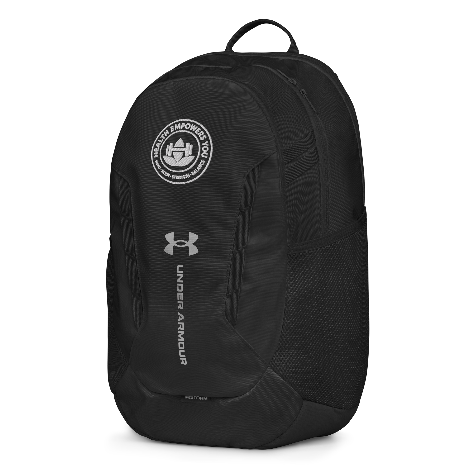 Black Under Armour backpack with a logo on a white background