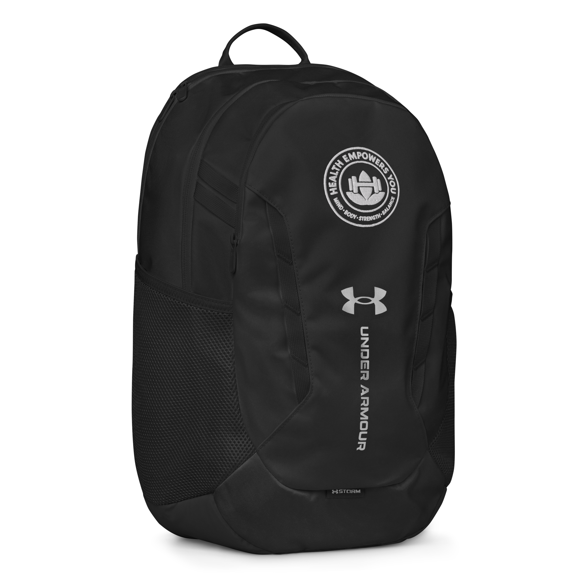 Black Under Armour backpack with logos on a white background