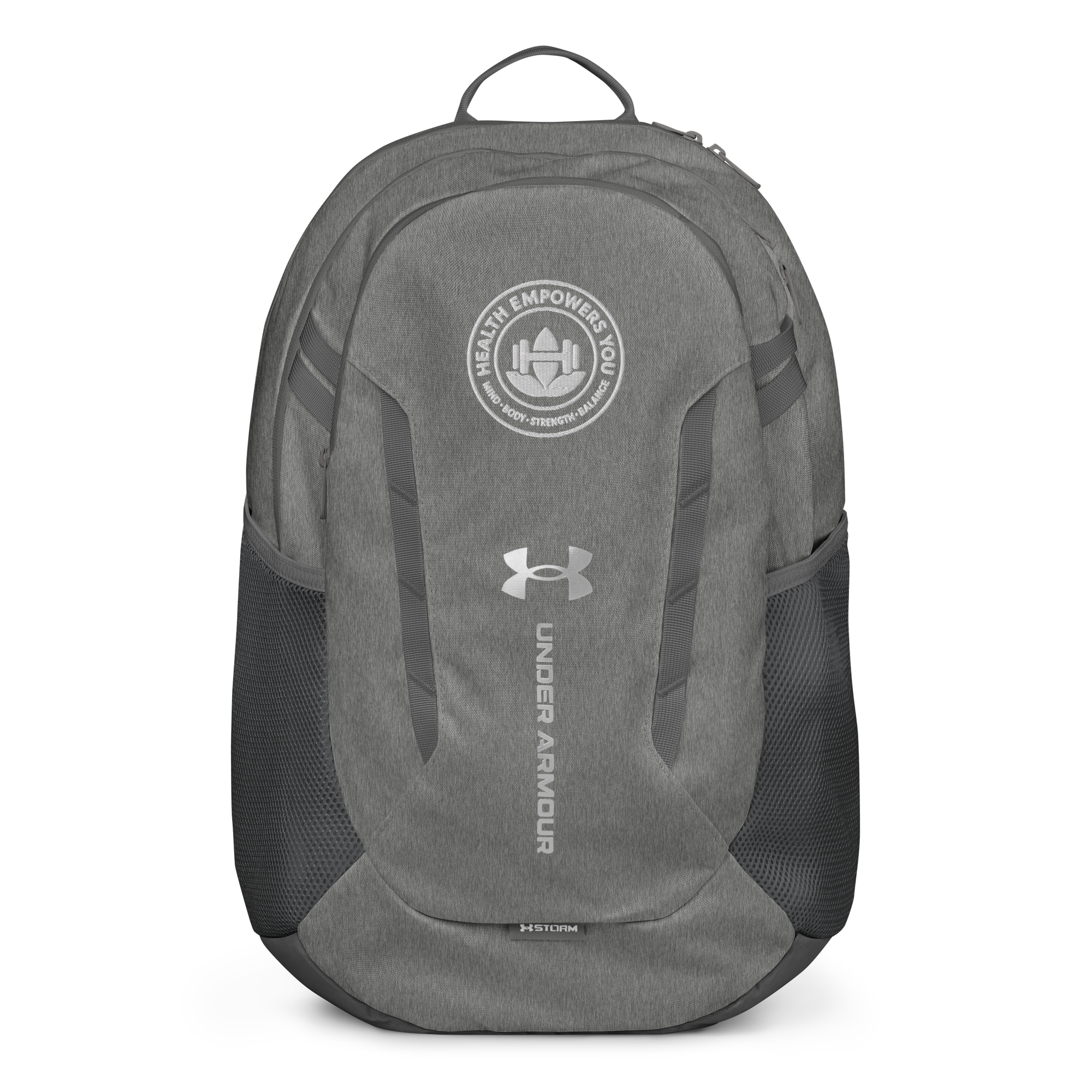 Gray backpack with Under Armour logo on a white background