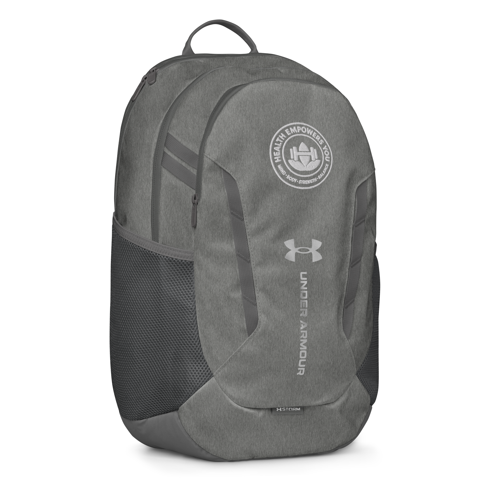Gray backpack with Under Armour logo on a white background